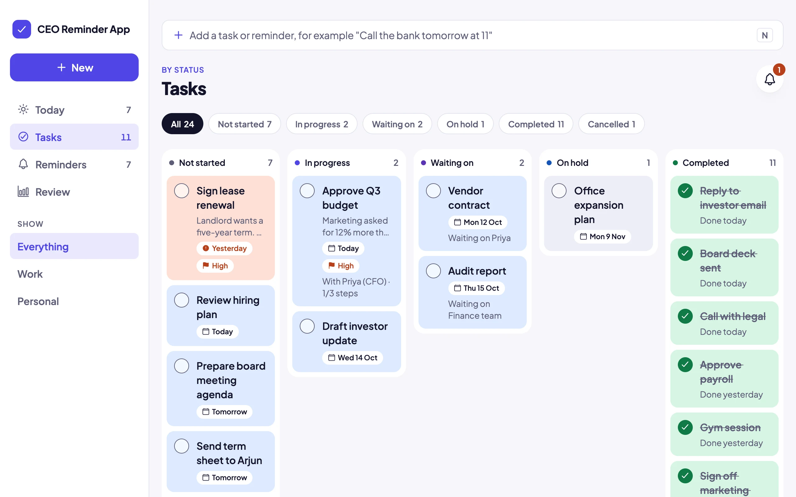 The Tasks board on a laptop with a column for each status: not started, in progress, waiting on, on hold and completed.